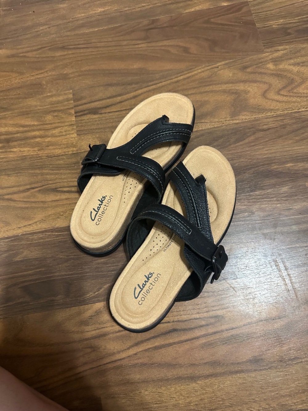 Clarks Black Thong Slide Sandals with Buckle